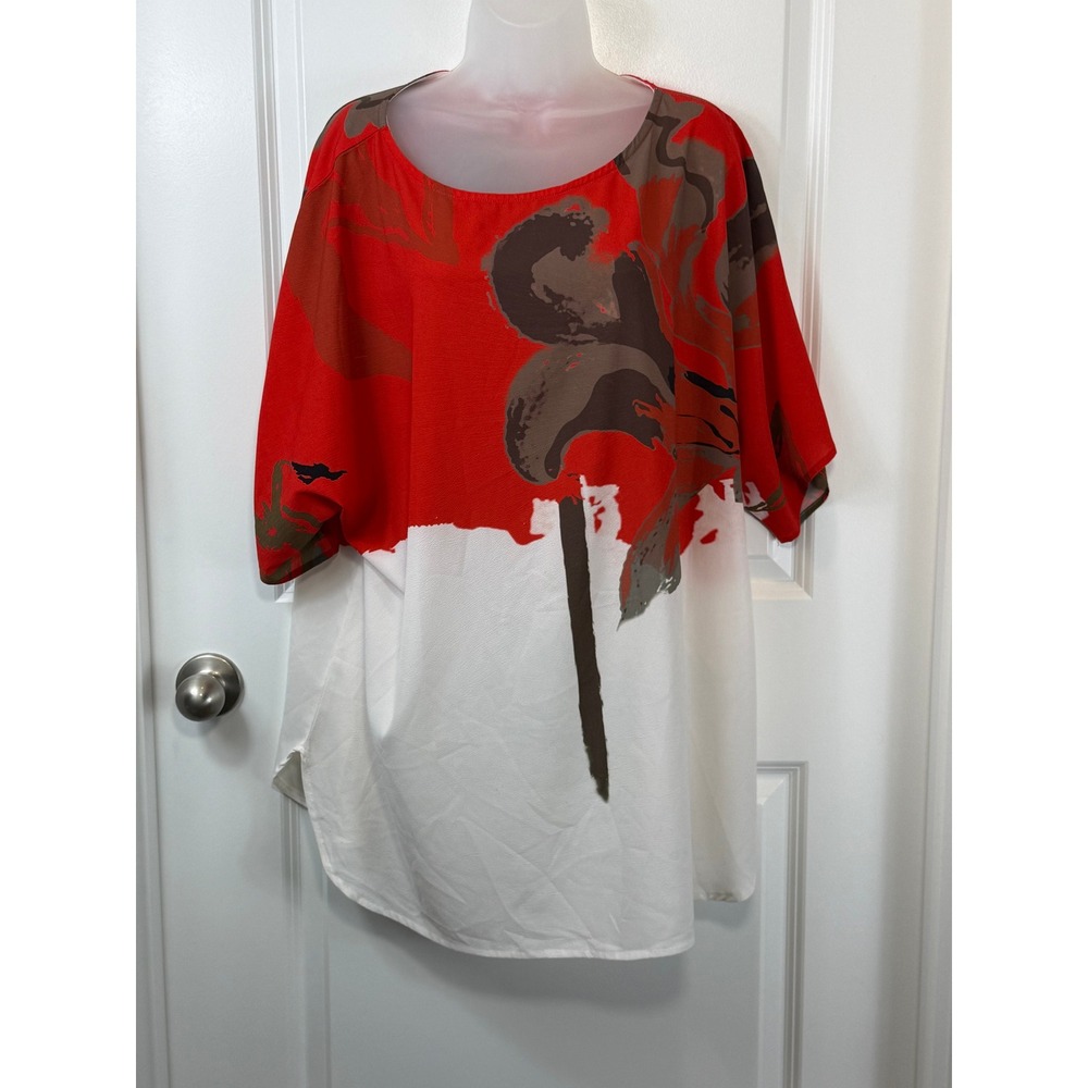 Suzanne Betro Simple Women's Red White Floral‎ Dolman Sleeve Tunic Top 2X XXL